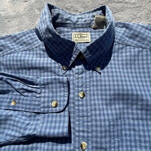 LL Bean Mens Large Tall Blue Plaid Button Down Shirt 100% Cotton Long Sleeve